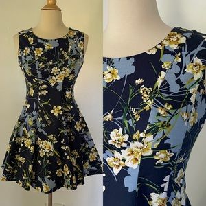 Vintage 1990s Y2K Floral Blue Fit And Flare Skater Mini Dress With Stretch Small